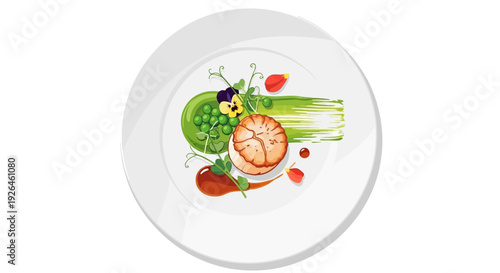 Gourmet dish with salmon, peas, and edible flowers on white plate