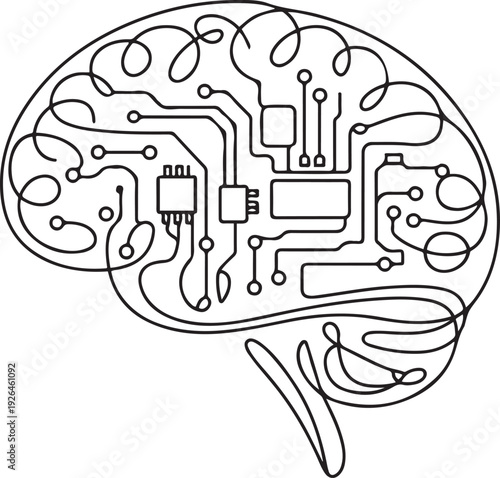Continuous line design of computer circuit board in human brain. Artificial brain intelligence technology design concept. one line Icon drawing