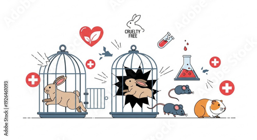 Animals in cages with medical symbols and broken cage representing animal testing and cruelty free concepts