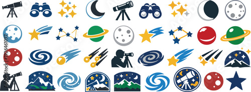 Stargazing Icon Set Night Sky Astronomy Space Observation Symbol Collection