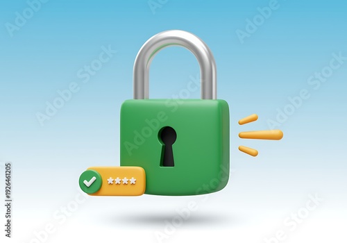Green padlock with silver shackle and password checkmark icon on blue gradient background with security symbol