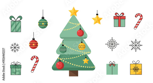 Festive Christmas tree with ornaments and holiday decorations