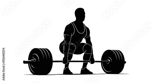 Silhouette of a weightlifter performing a deadlift with heavy barbell