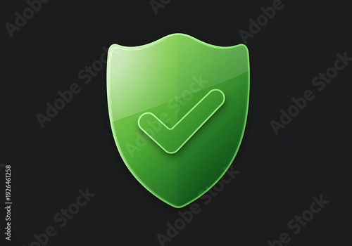 Green shield icon with checkmark symbol on black background  security and protection concept