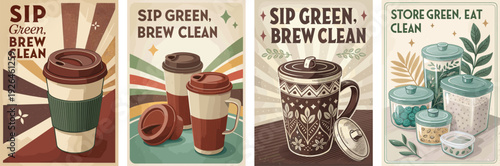 Vintage-inspired coffee-themed illustrations promoting sustainability and cleanliness.