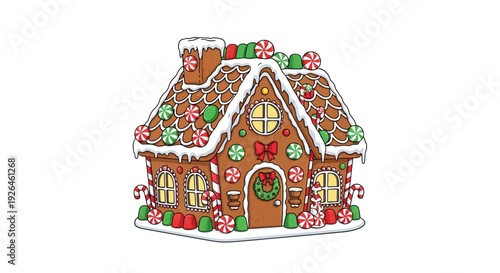 Colorful gingerbread house decorated with candy and snow icing