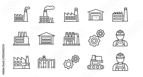 Industrial factory and gear icons representing manufacturing and engineering concepts.