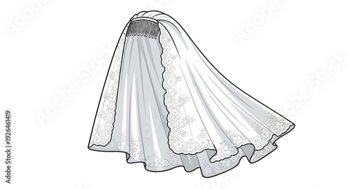 Elegant white bridal veil with lace trim on white background