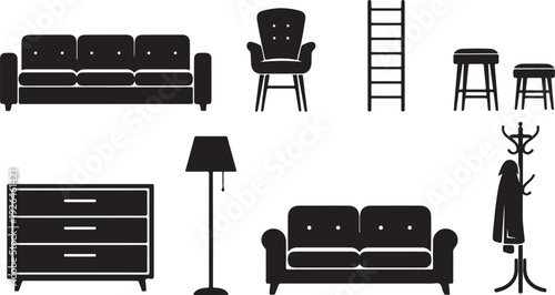 Assortment of Black Furniture Icons on White Background sofa armchair