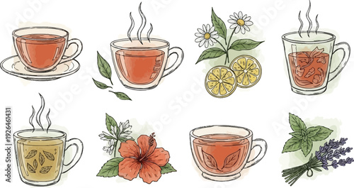 Assortment of steaming hot herbal and floral tea beverages served in clear glass cups with.