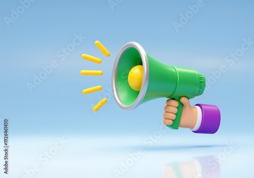 Hand holding green megaphone with yellow sunburst on blue background  communication and announcement concept
