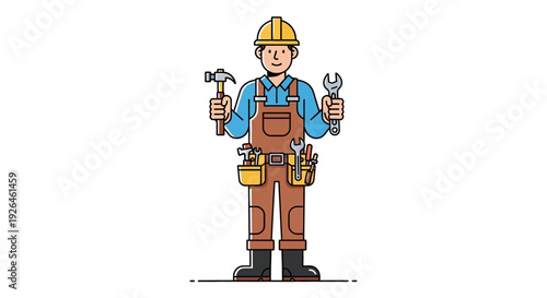 Cartoon construction worker holding tools in uniform on white background