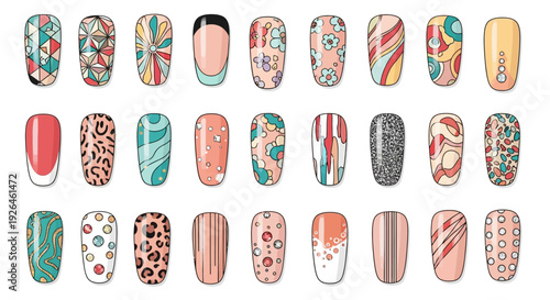 Collection of Colorful Nail Art Designs with Geometric and Floral Patterns