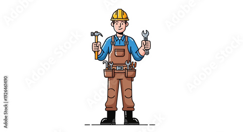 Smiling construction worker holding tools in overalls on white background