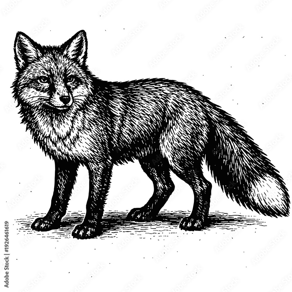 Obraz premium Magnificent black and white engraving of a majestic fox standing prominently, captured with intricate detail and a keen gaze. This vintage woodcut illustration portrays the wild canine's graceful form