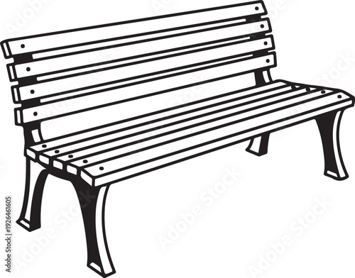 Black and white illustration of a slatted park bench outdoor furniture