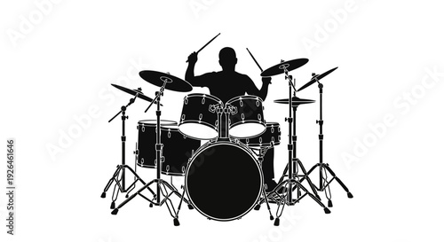 Silhouette of Drummer Playing Drum Set on White Background