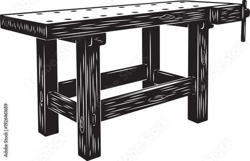 Black and White Woodcut Style Illustration of a Workbench with Vise work table woodworking