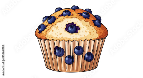 Illustration of a Blueberry Muffin with Golden Crust on White Background