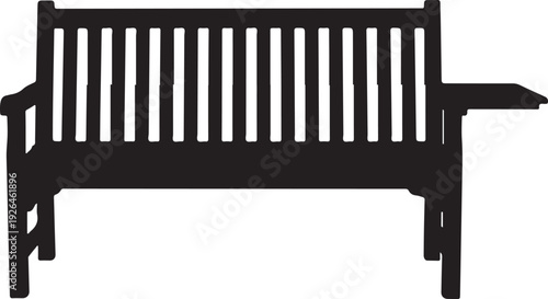 Black silhouette of a garden bench with slatted back and side table on white background