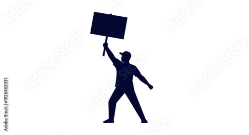 Silhouette of protester holding a blank sign on white background