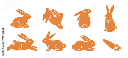 Vector set of Easter wooden decorations. Silhouettes with little bunny. Seasonal clipart for spring holiday design. Decor elements for laser cutting
