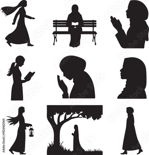 black silhouettes of people in various poses and activities