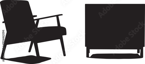 Black silhouette of a modern armchair and a rectangular cabinet furniture