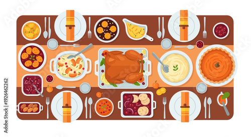 Festive Thanksgiving Dinner Table with Traditional Dishes and Decor