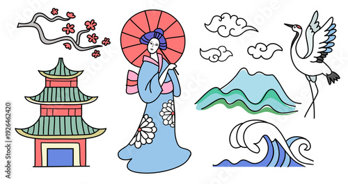  set of vector hand drawn japanese icons. Line art design