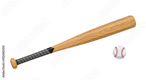 Wooden Baseball Bat and Ball Isolated on White Background