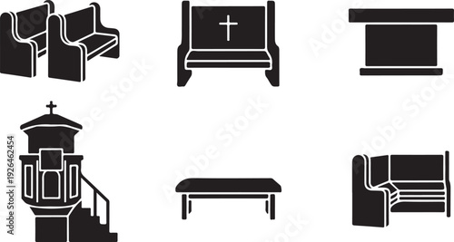 Church Interior Icons Silhouette Set whisk illustration
