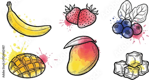 Watercolor fruit sketches and ice cubes collection suggest smoothie or cocktail ingredients.
