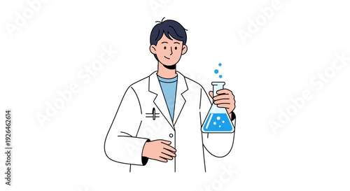Cartoon scientist holding a flask with blue liquid on white background