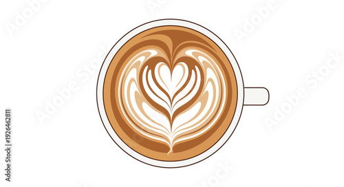 Top view of artistic latte art in coffee cup on white background