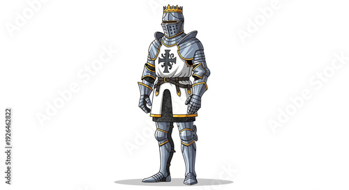 Medieval knight in full armor with crown on white background
