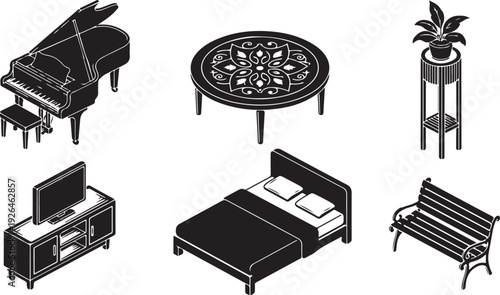 Isometric Black Silhouettes of Household Items and Furniture grand piano