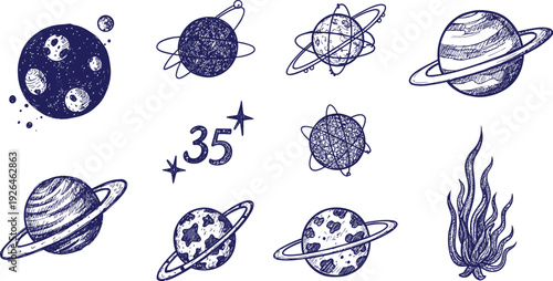 Hand-drawn sketch icons depict various planets, celestial bodies, and a burning flame.