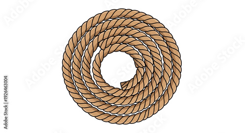 Coiled brown rope in circular pattern on white background