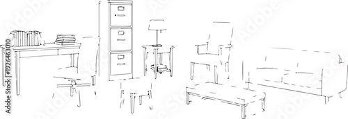 Line drawing of office furniture including desks chairs filing cabinets and a sofa