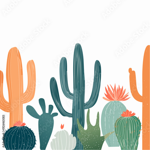 A vibrant illustration of various cacti species in a desert landscape from a frontal viewpoint