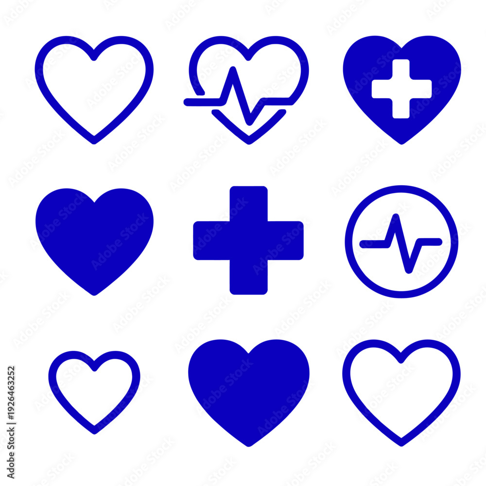Obraz premium A medical icon set featuring heart and cross symbols on a black background