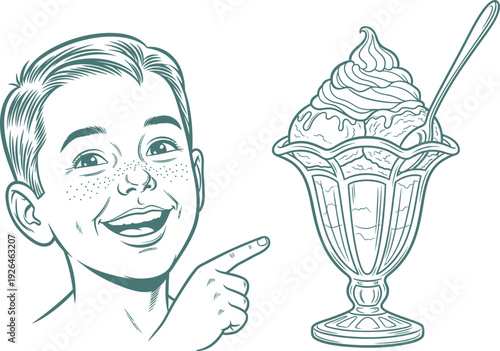 Happy boy pointing at a large ice cream sundae with a spoon