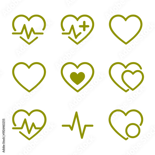 A medical icon set featuring heart and cross symbols on a black background