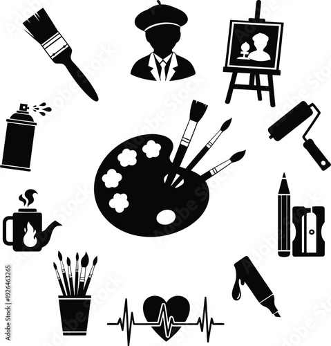 Artistic tools and symbols showcasing various creative and medical professions Vector