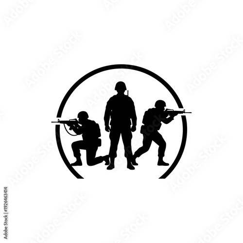 A logo featuring three soldiers in a defensive position with the word Defenders
