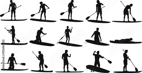 Large set of black paddleboard silhouettes with people stand up paddling and rowing in various poses on white background vector.