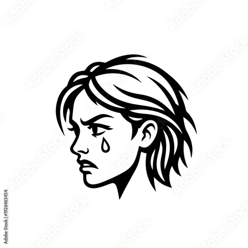 A sad woman crying with a tear on her cheek in a circle