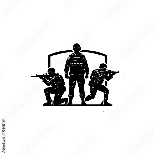 A logo featuring three soldiers in a protective stance with the words Soldier Protect Serve