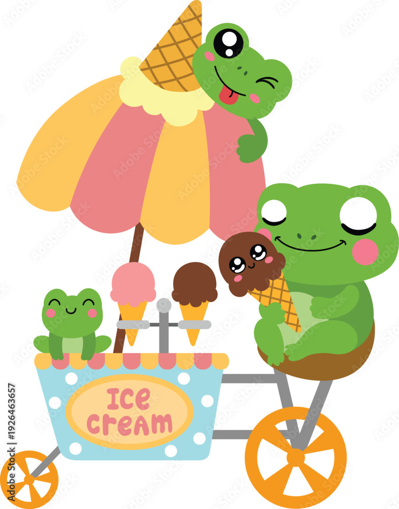 Naklejka premium Adorable Green Frogs Selling Sweet Ice Cream Treats